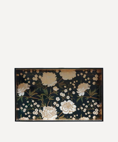 Les Ottomans Gold Lacquered Floral Tray In Black