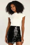 Lulus Dash Of Glam Black Sequin Faux Wrap Mini Skirt In Black
