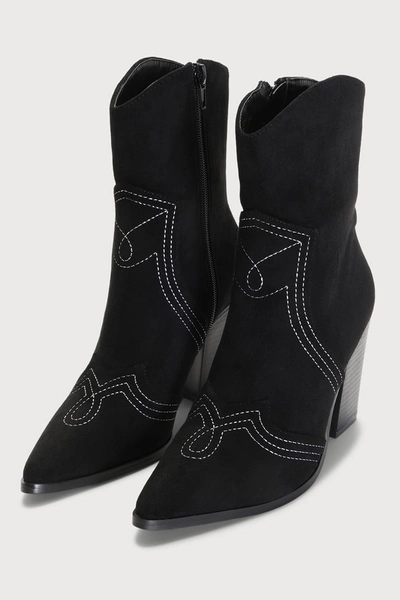 Lulus Gladley Black Suede Pointed-toe Mid-calf Western High Heel Boots
