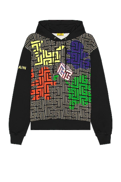 Balmain Monogram Printed Drawstring Hoodie In Black