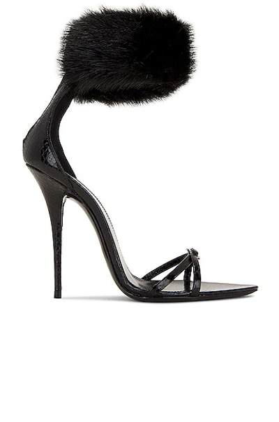 Saint Laurent Gippy Croc-embossed Leather Fur-strap Sandals In Black