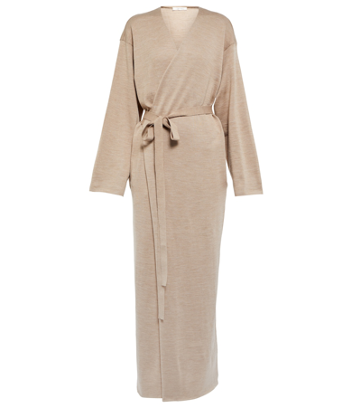 The Row Aras Wrap Maxi Dress In Beige Melange /dark Gold