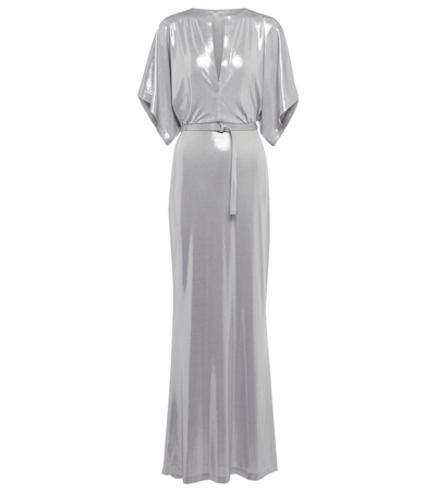 Norma Kamali Belted Lamé Gown In Silver
