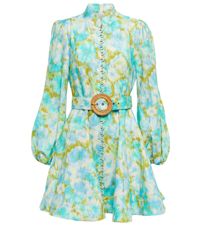 Zimmermann High Tide Belted Floral-print Linen Mini Dress In Aqua Ikat Floral
