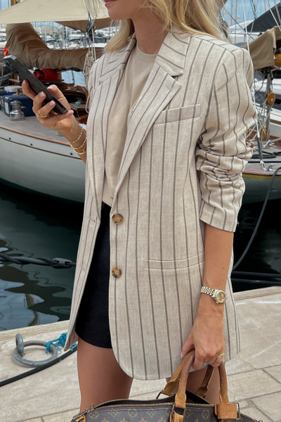 Claire Rose X Na-kd Oversized Blazer Beige In Grey/beige Stripe