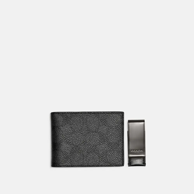 Coach Boxed Slim Billfold Wallet And Money Clip Set In Signature Canvas In Charcoal/black