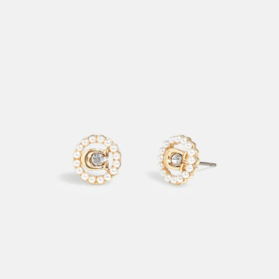 Coach Signature Crystal Pearl Stud Earrings In Gold