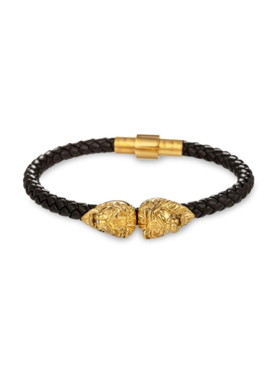 Eye Candy La Men's Luxe Leo The Lion Goldtone Titanium & Leather Double Head Bracelet In Neutral