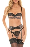 Oh La La Cheri Women's Jolene 3-piece Leopard Print Lace Bra, Panty & Garter Belt Set In Leopard/ Black