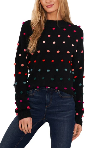 Cece Rainbow Pompom Mock Neck Sweater In Black