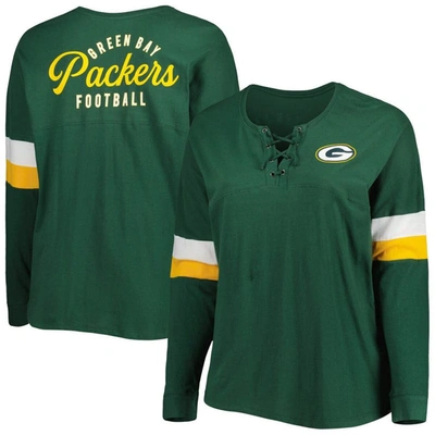 New Era Green Green Bay Packers Plus Size Athletic Varsity Lace-up V-neck Long Sleeve T-shirt