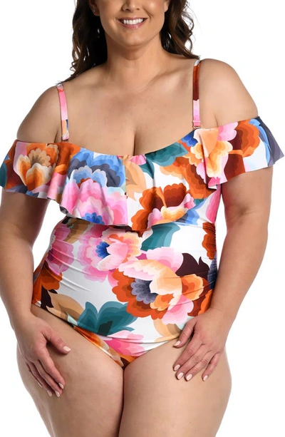 La Blanca Plus Size Floral Off-shoulder Ruffle One-piece Swimsuit In Multi