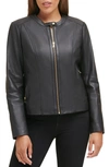 Cole Haan Woven Detail Leather Jacket In Black