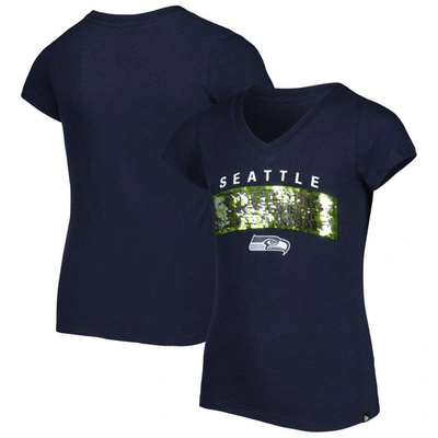New Era Kids' Girls Youth  College Navy Seattle Seahawks Reverse Sequin Wordmark V-neck T-shirt