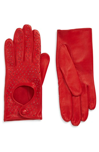 Seymoure Leather & Crystal Driving Gloves In Red With Crystals