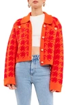 English Factory Houndstooth Cardigan In Orange/ Red