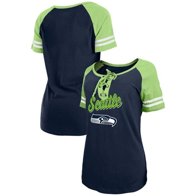 New Era College Navy/neon Green Seattle Seahawks Lightweight Lace-up Raglan T-shirt