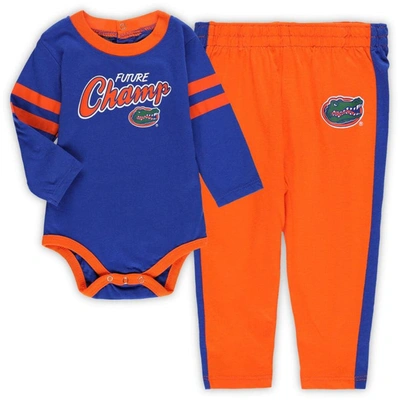 Outerstuff Babies' Infant Boys And Girls Royal, Orange Florida Gators Little Kicker Long Sleeve Bodysuit And Sweatpants In Royal,orange