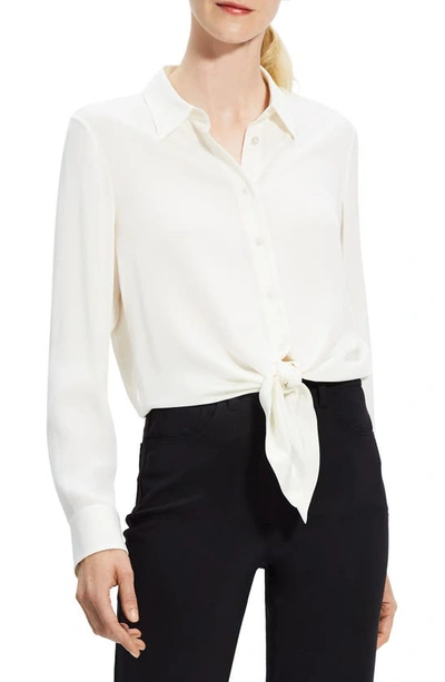 Theory Long Sleeve Button-up Tie Waist Silk Blouse In Ivory