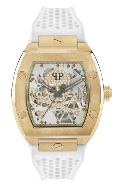 Philipp Plein Men's Automatic The $keleton White Silicone Strap Watch 44mm In Ip Yellow Gold