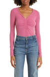 Atm Anthony Thomas Melillo Modal Ribbed Ruched V-neck Top In Pink Garde