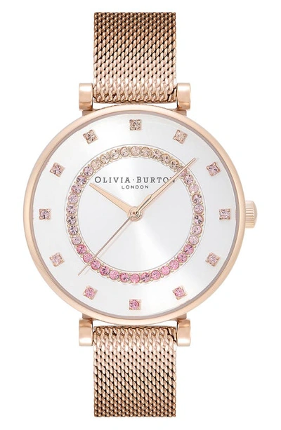 Olivia Burton Women's T-bar Rose Gold-tone Stainless Steel Mesh Bracelet Watch 32mm In White/rose Gold