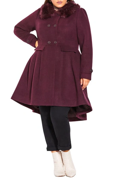 City Chic Grandiose Coat With Faux Fur Collar In Spiced Plum