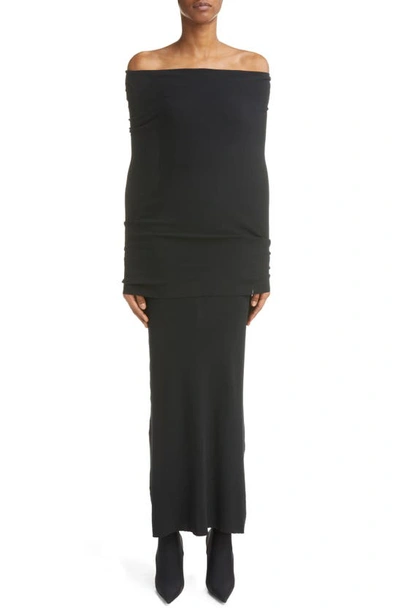 Balenciaga Long Sleeve Off The Shoulder Rib Maxi Dress In Black