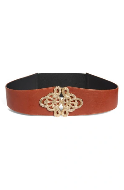 Raina Christian Snake Leather Belt In Cognac/ Gold