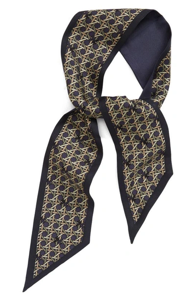 Tory Burch Basketweave Ribbon Reversible Tie Scarf In Navy