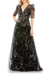 Mac Duggal Embellished Gathered Puff Sleeve Faux Wrap Gown In Black