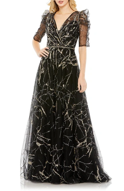 Mac Duggal Embellished Gathered Puff Sleeve Faux Wrap Gown In Black