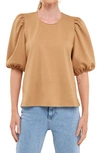English Factory Puff Sleeve Ponte Knit Top In Camel