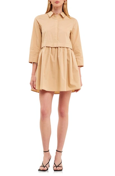 English Factory Long Sleeve Mini Shirtdress In Taupe