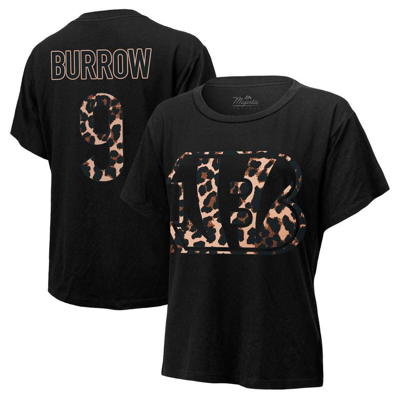 Majestic Women's  Threads Joe Burrow Black Cincinnati Bengals Leopard Player Name And Number T-shirt