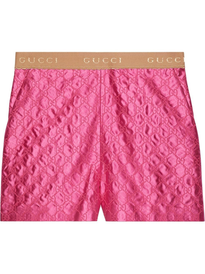 Gucci Gg刺绣真丝公爵夫人缎短裤 In Fucsia