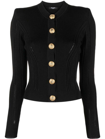 Balmain Black Button Cardigan In 0pa Noir