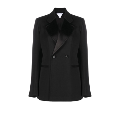 Bottega Veneta Double-breasted Satin-trimmed Grain De Poudre Wool Blazer In Black