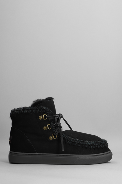 Mou Snaker Lace-up Low Heels Ankle Boots In Black Suede