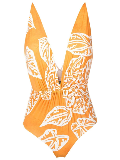 Clube Bossa Clavert Leaf-print Swimsuit In Orange