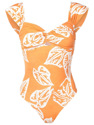 Clube Bossa Margareta Leaf-print Swimsuit In Orange
