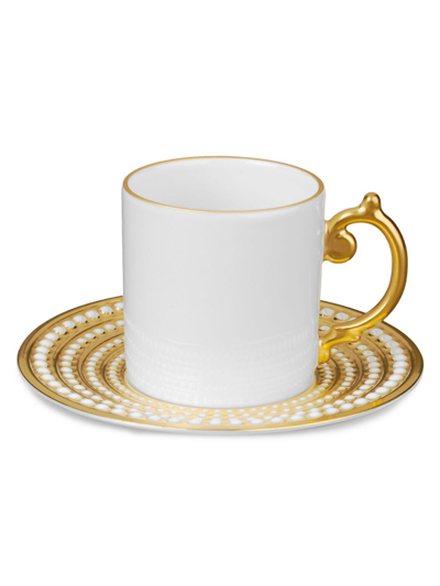 L'objet Limoges Porcelain Perlee& 24k Yellow Gold Espresso Cup & Saucer 2-piece Set In Gold, White
