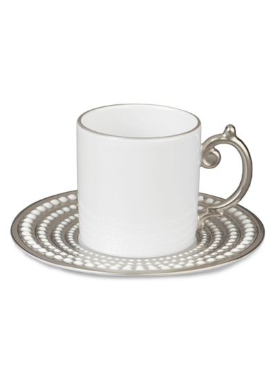 L'objet Limoges Porcelain Perlee& 24k Yellow Gold Espresso Cup & Saucer 2-piece Set In Platinum, White