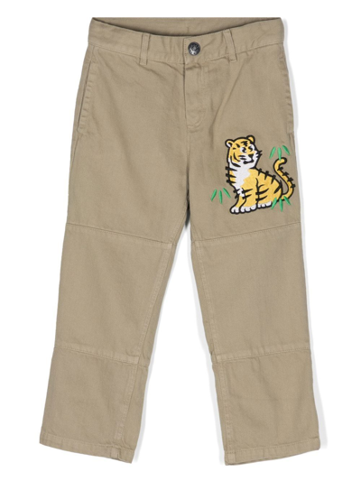Kenzo Kids' Tiger-motif Straight-leg Trousers In Sable