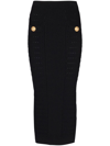 Balmain Black Plain Ribbed Knit Midi Skirt In Black