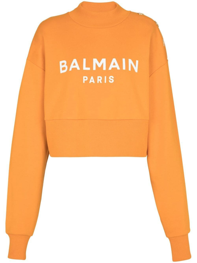 Balmain Logo-print Cotton Sweatshirt In Orange Vif Blanc