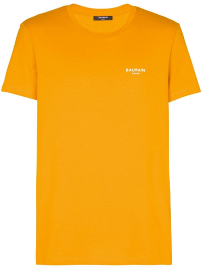 Balmain Logo-print Cotton T-shirt In Orange Vif Blanc