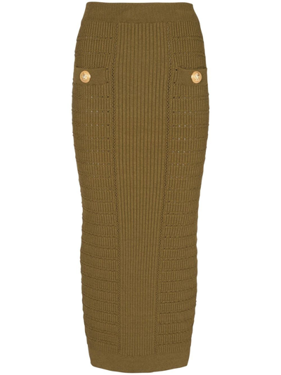 Balmain Ribbed-knit Pencil Skirt In Kaki
