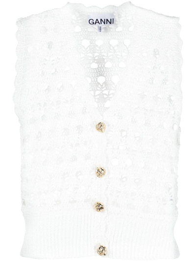 Ganni Crochet V-neck Vest In White In Egret