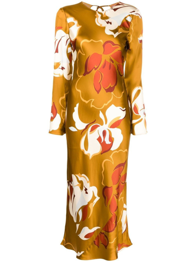 reformation davina silk dress Reformation Davina Floral-print Silk Midi Dress In Brown
